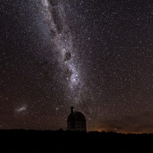 Southern African Large Telescope under a starry sky with a visible Milky Way